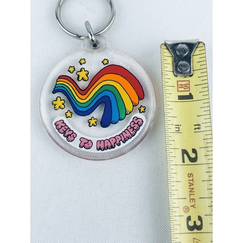 Vintage‎ Keys To Happiness Rainbow Stars Acrylic Round Keychain Key Ring